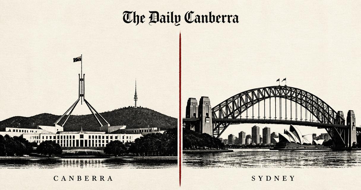 Editorial split illustration: Nashville on the left and Sydney on the right
